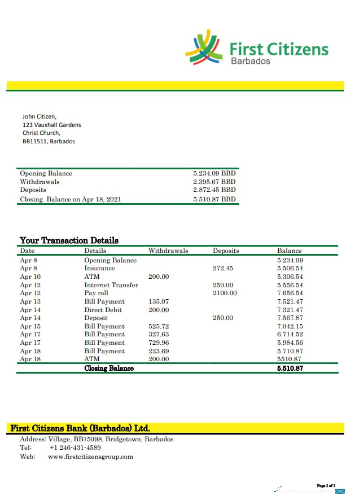 Download Barbados first citizens bank statement word